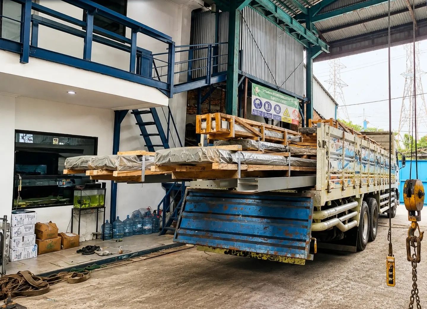 Truk bermuatan material baja keluar dari gudang