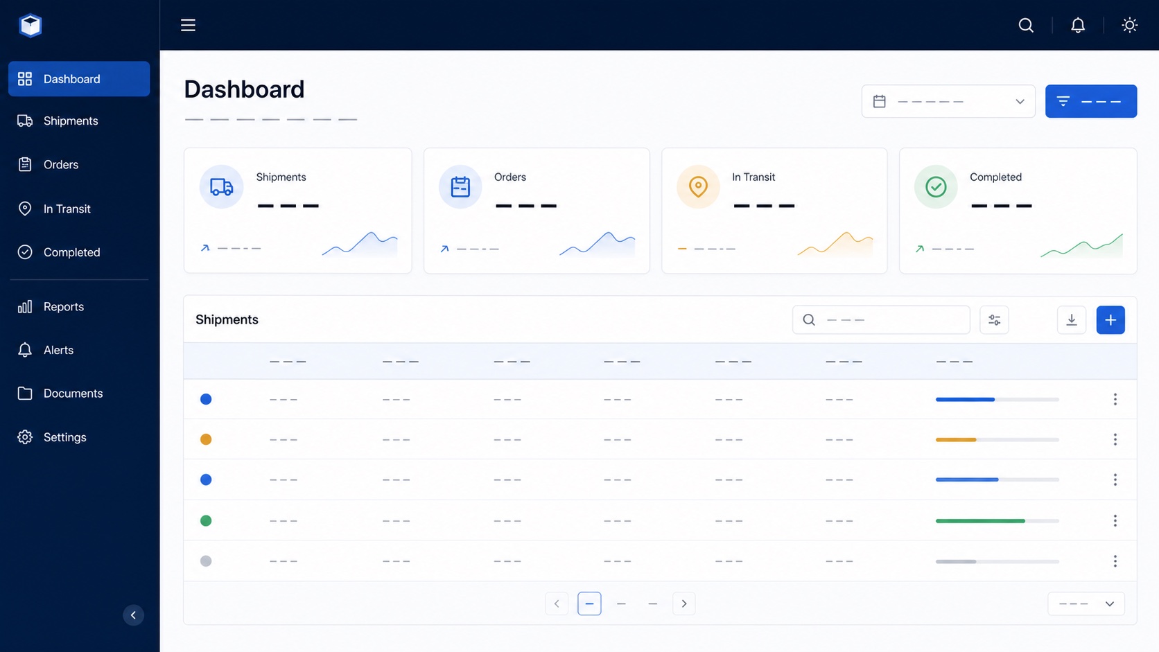 Representasi dasbor logistik desktop dengan kartu status pengiriman
